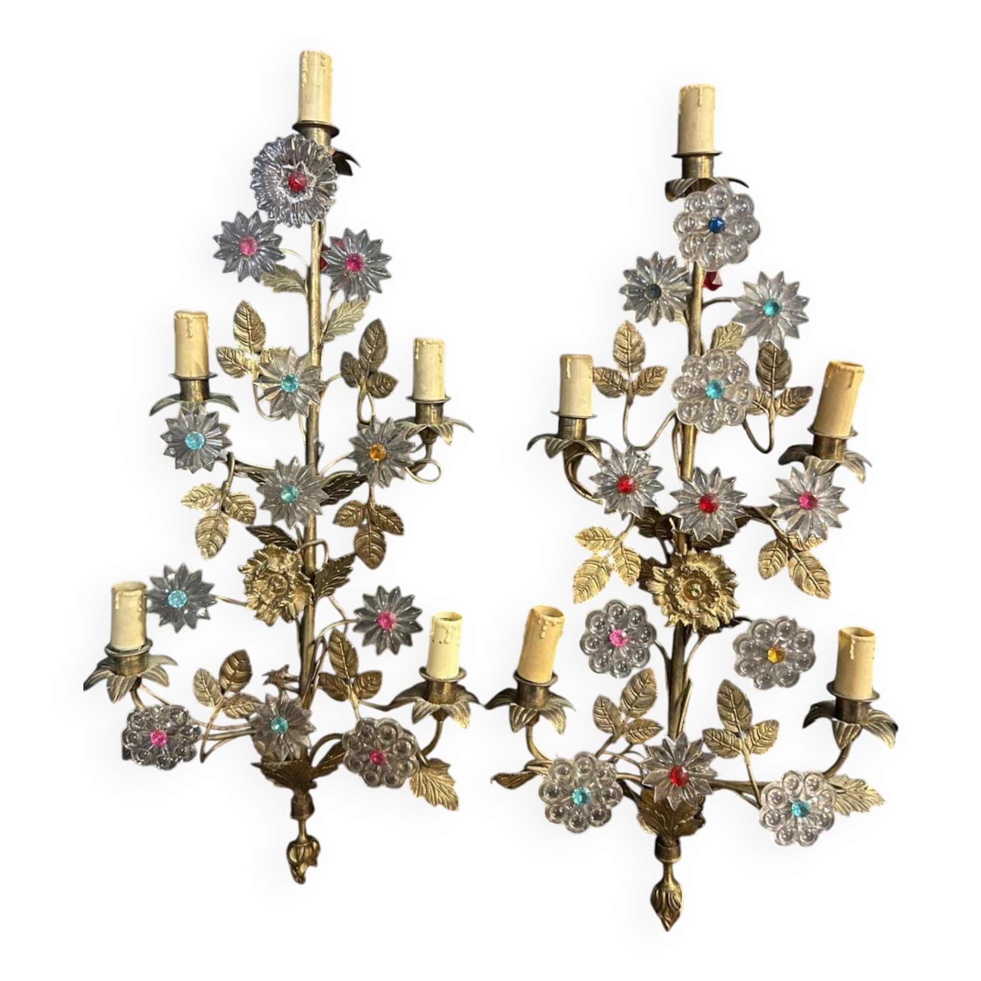 Important Pair of Church or Chapel Wall Lights in Gilded Brass and Glass, Late 19th Century, H 70 Cm
