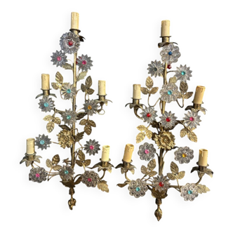 Importante paire d’appliques d’église ou de chapelle en laiton doré et verre fin xixème h 70 cm