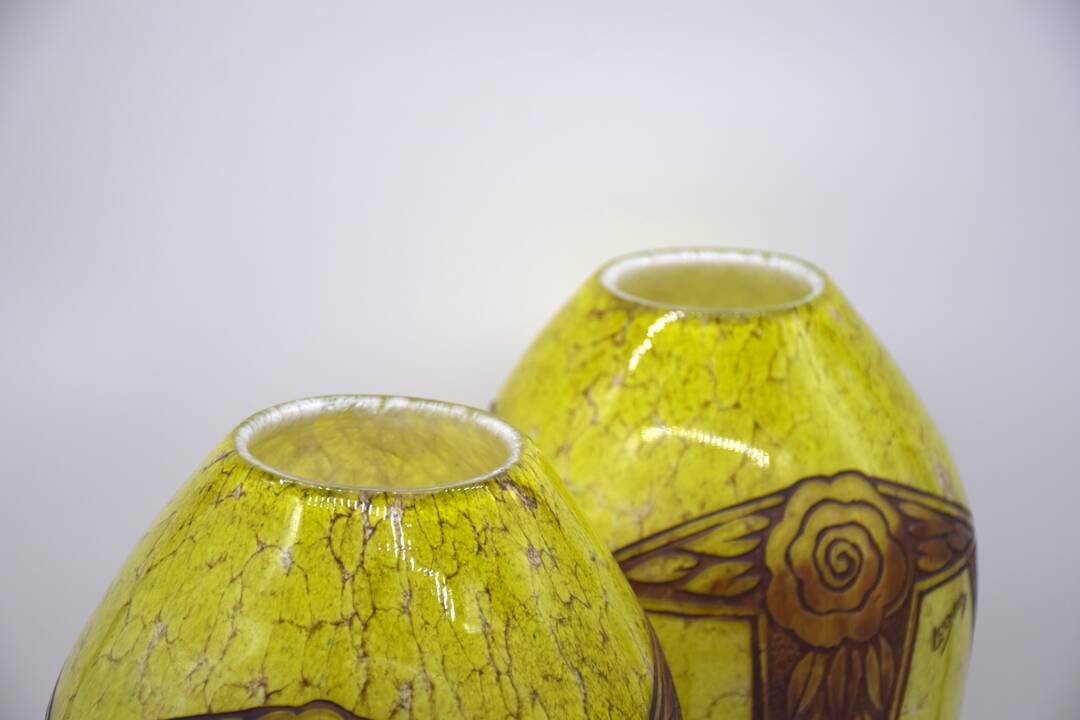 Set 2 Rare Vase Ovoïde signé F-T Legras Pare de verre Art deco 1930