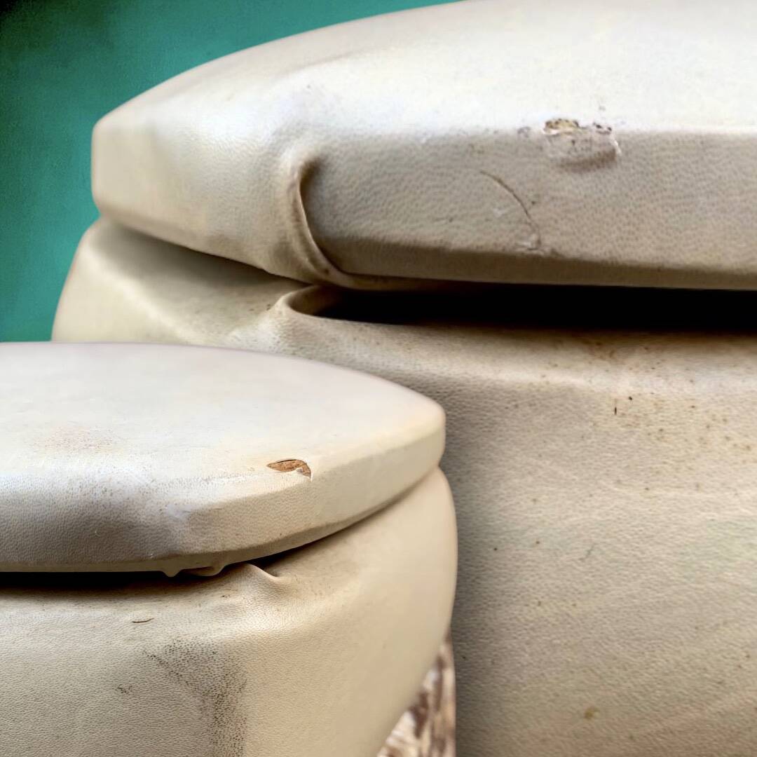 Vintage storage stool with compass legs in white faux leather and leopard velvet.