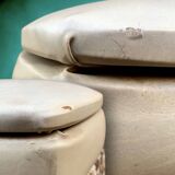 Vintage storage stool with compass legs in white faux leather and leopard velvet.