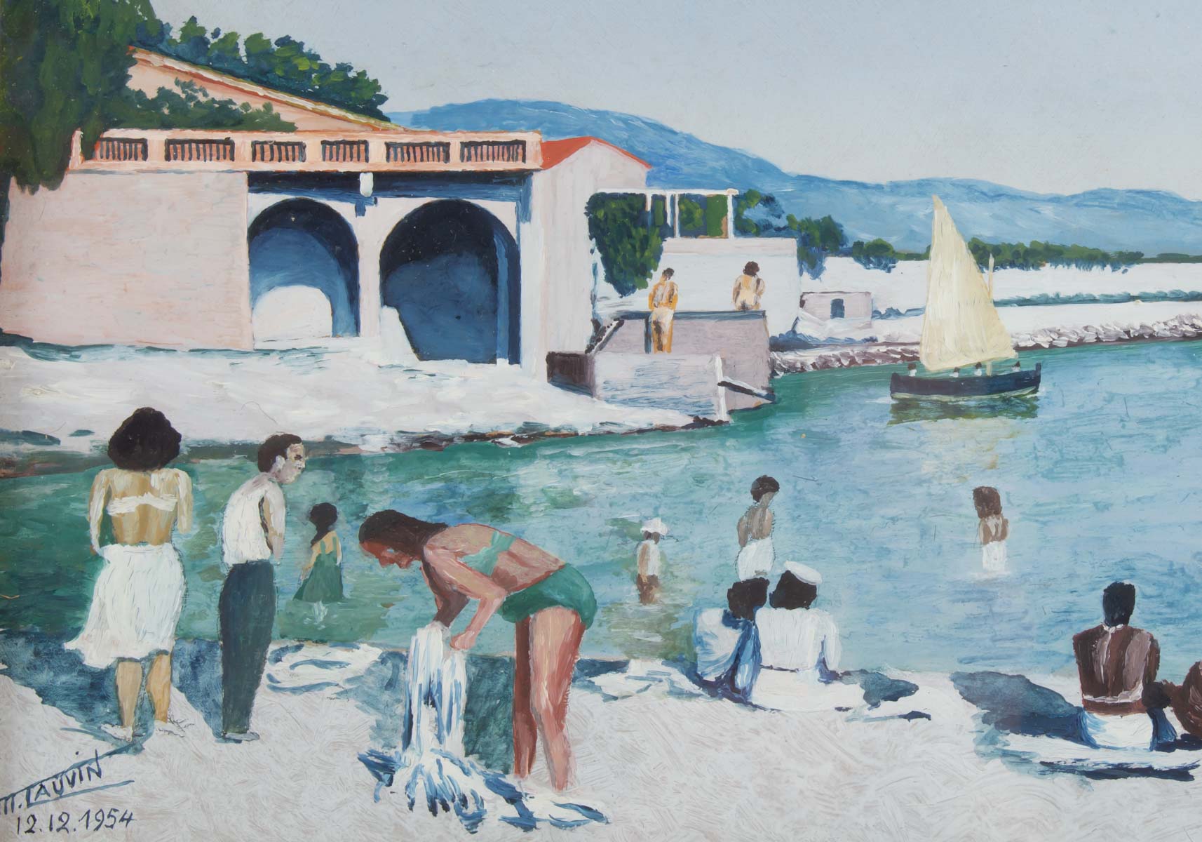 Gouache, beach scene in Sausset-les-Pins, by M Cauvin, dated 12.12.1954
