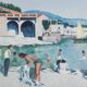 Gouache, beach scene in Sausset-les-Pins, by M Cauvin, dated 12.12.1954