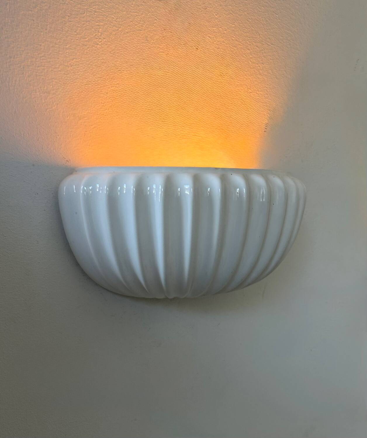 Vintage white earthenware wall lamp, shell, France 1970