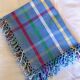 Vintage tablecloth & napkins, blue with multicoloured stripes.