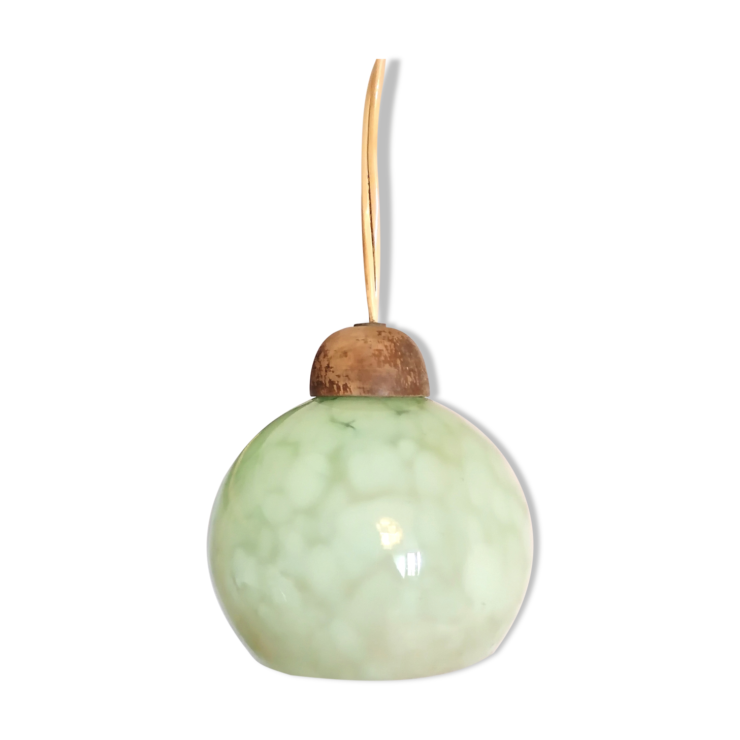 Clichy glass globe hanging lamp, speckled water green, art deco