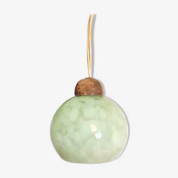 Clichy glass globe hanging lamp, speckled water green, art deco