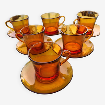 Set of 6 cups & saucers vintage Duralex amber glass signed