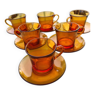 Set of 6 cups & saucers vintage Duralex amber glass signed