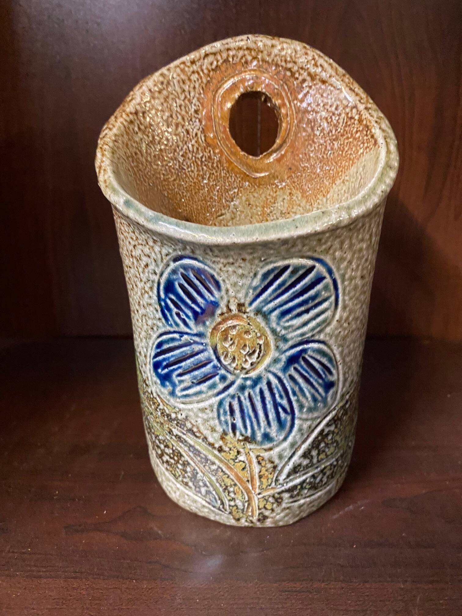 Salt stoneware vase signed jean claude monange blue flower place or hang