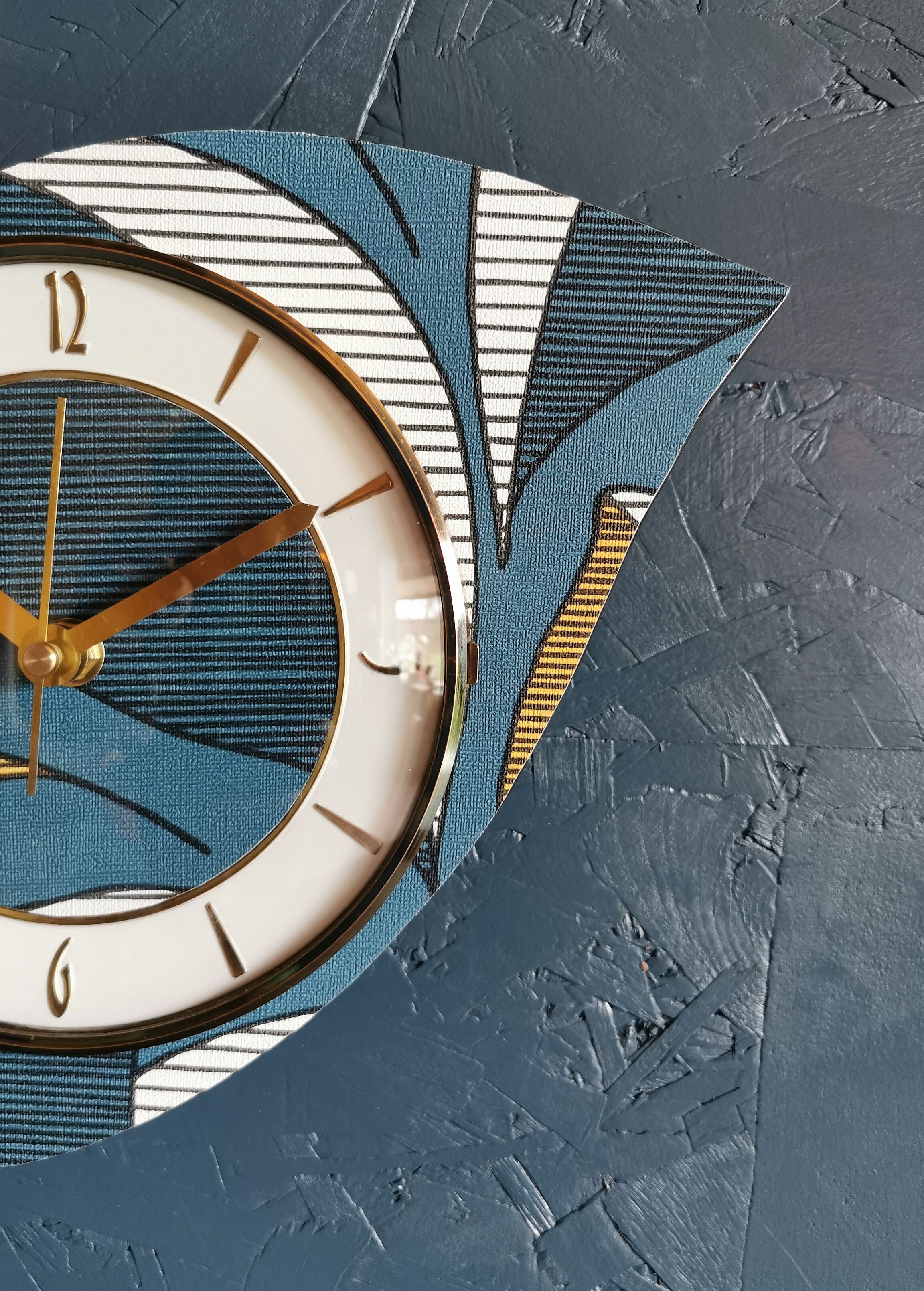 Vintage clock asymmetrical silent wall clock "Blue white ochre"