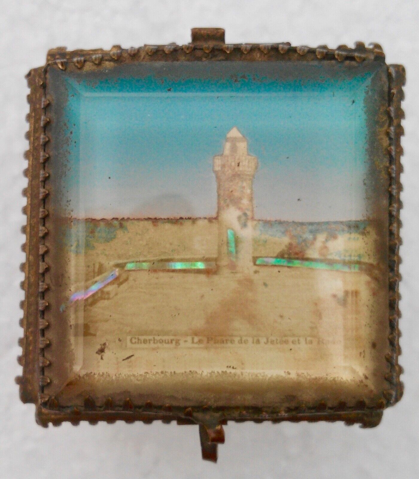 Jewel box antique, beveled glass and brass, Cherbourg the lighthouse