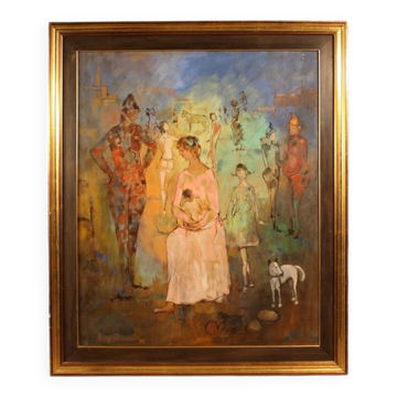 Italian painting, Family of Acrobats, dated 1981