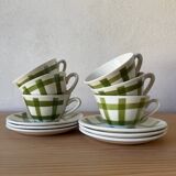 6 green and white checked coffee cups Moulin des Loups