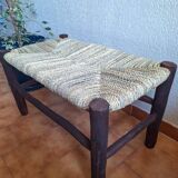Moroccan bench in dark wood with woven palm leaf seat