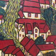 Peinture le village aux toits rouge