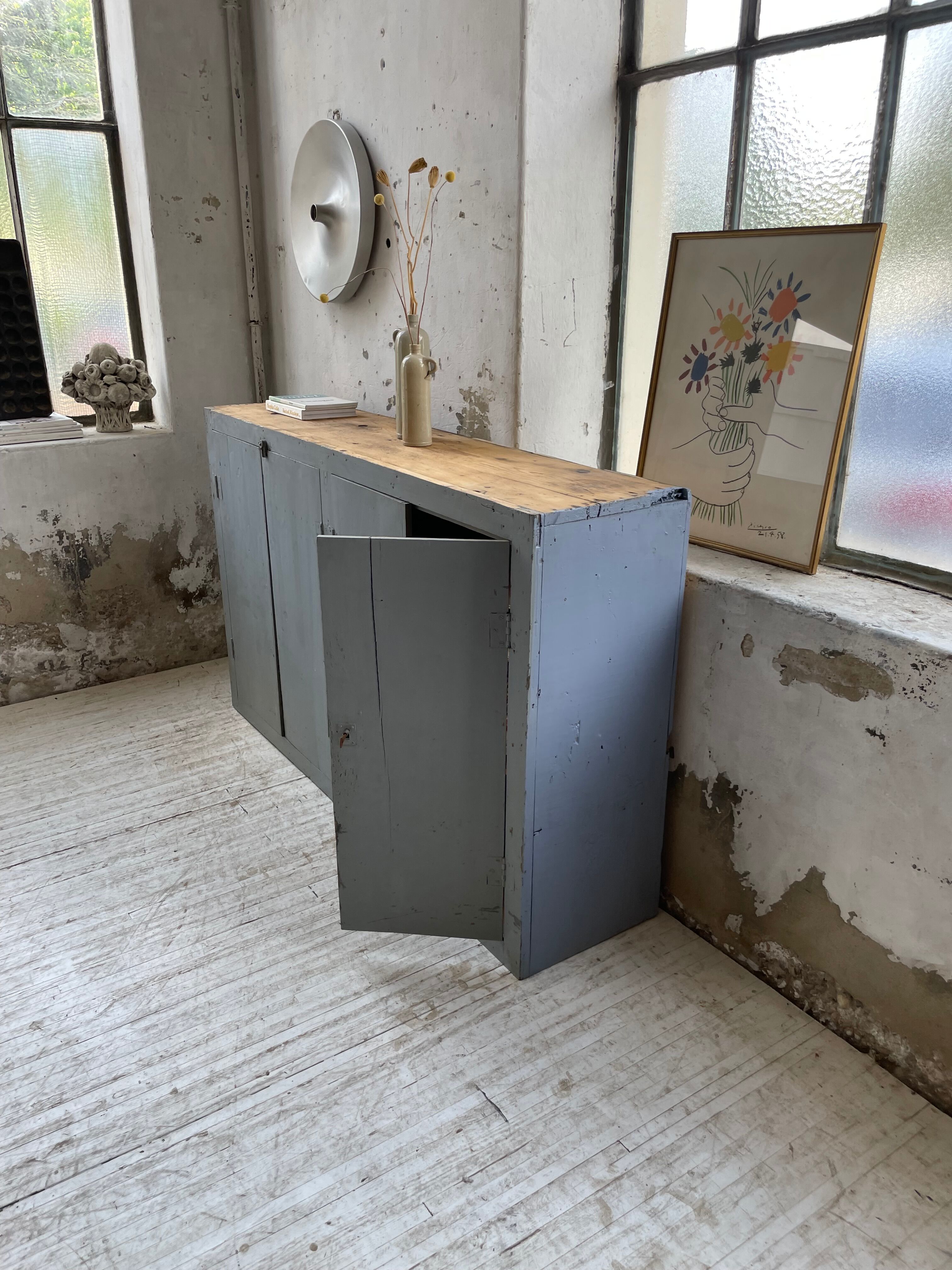 Factory blue patinated workshop furniture