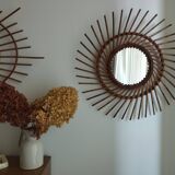 Large vintage bamboo and rattan sun mirror 53 cm in diameter