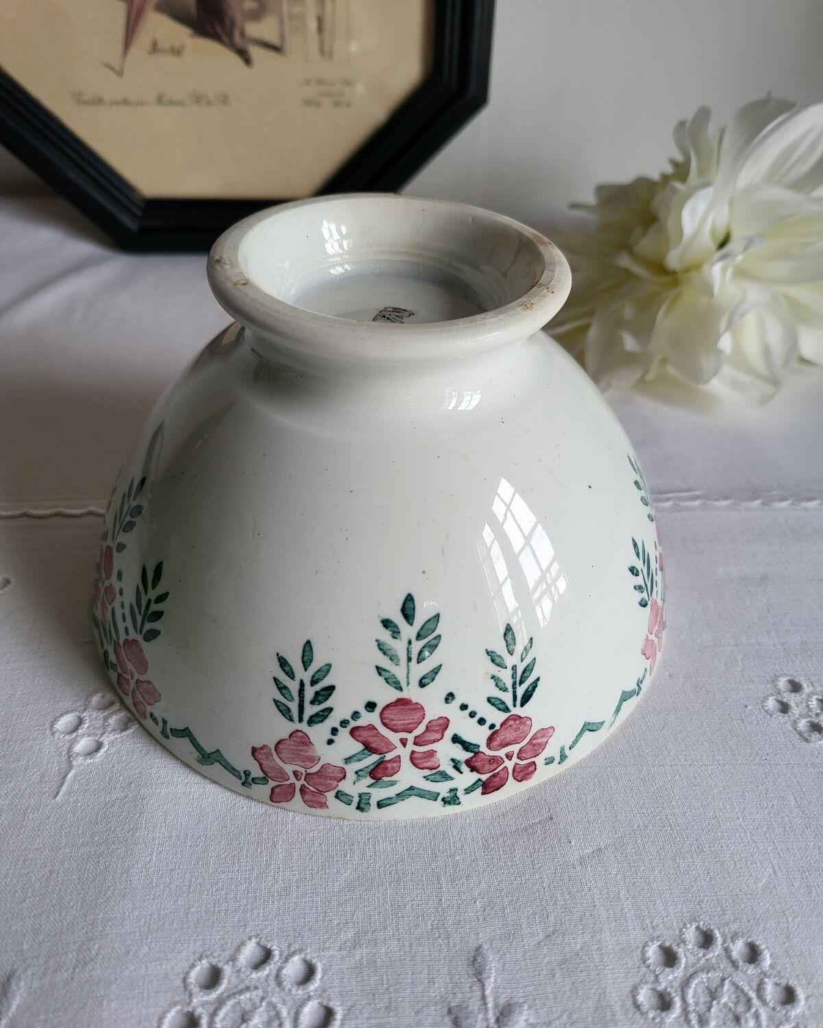 Old Bowl in Earthenware with Flower Decoration Marked underneath M