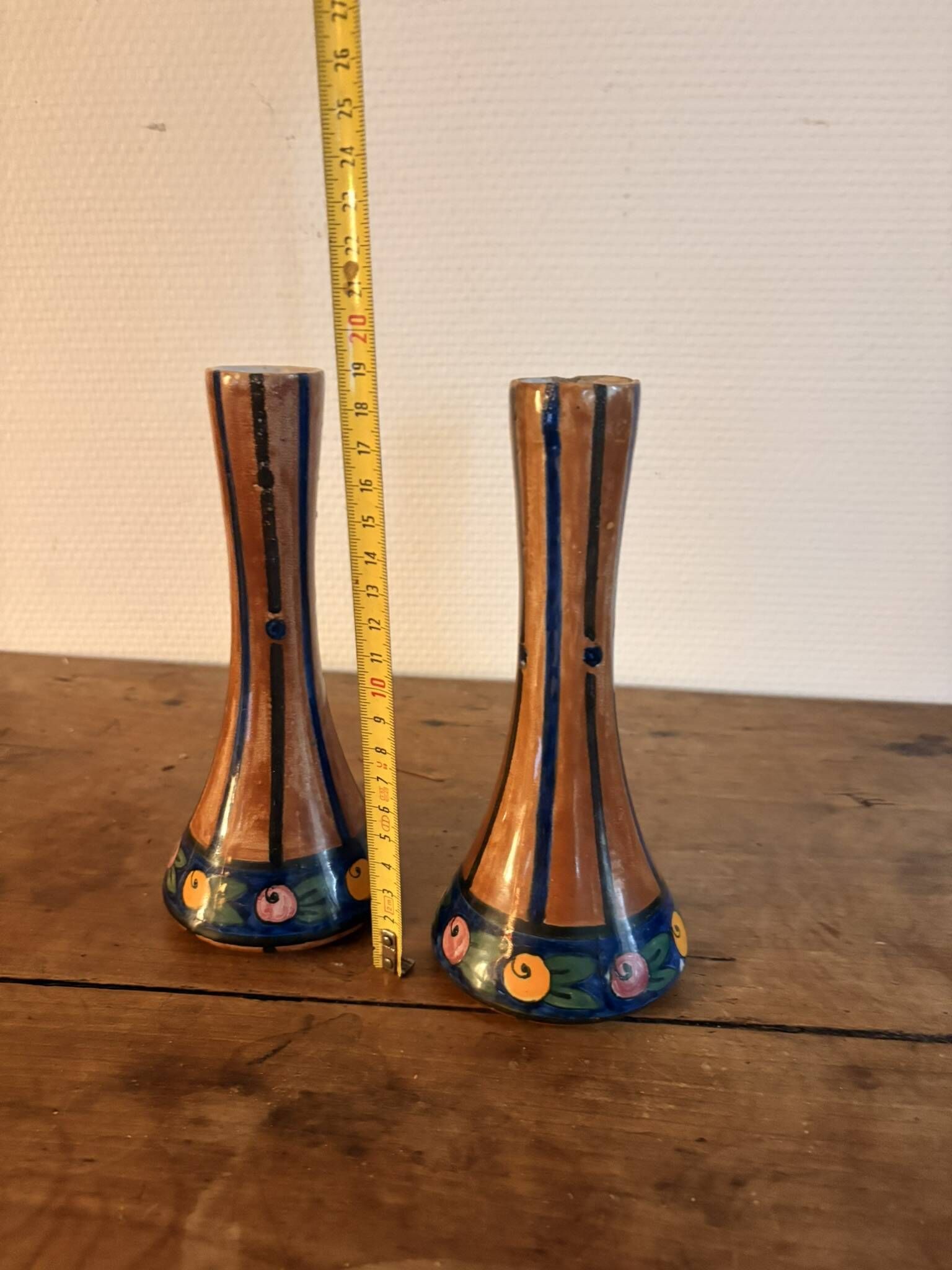 Pair of Soliflore Vases Faience HB Quimper Art Deco Decor 1930 Signed