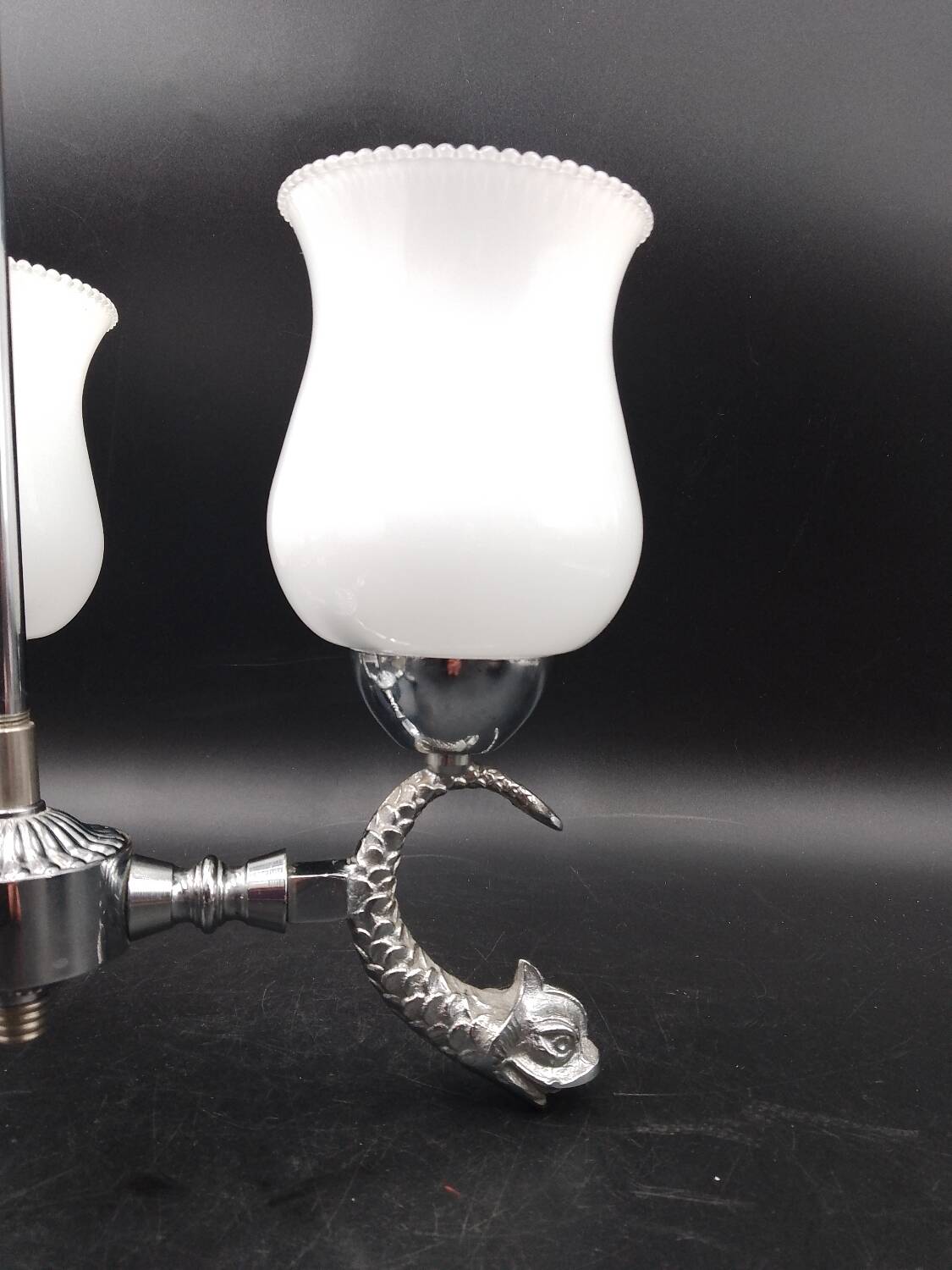 Vintage lamp 70/80 chrome dolphin fish chandelier and 3 opaline arms