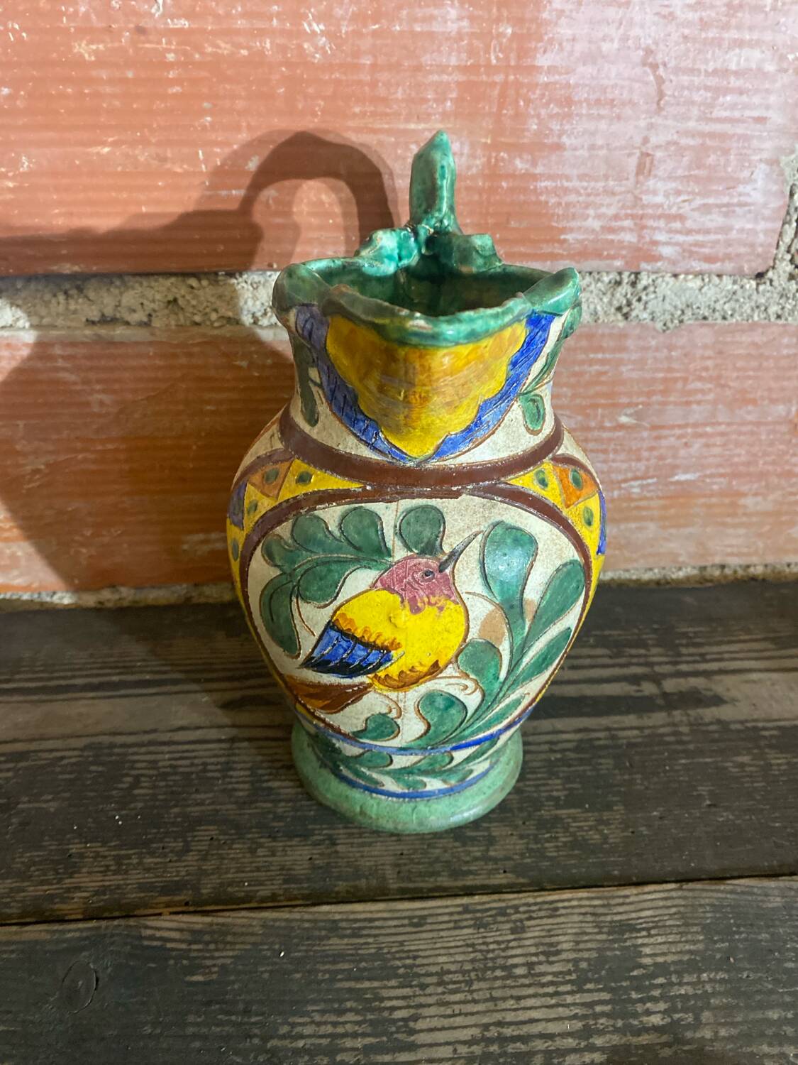 Antique Style Monaco Perugia Ceramic Pitcher with Multicolored Bird Decoration