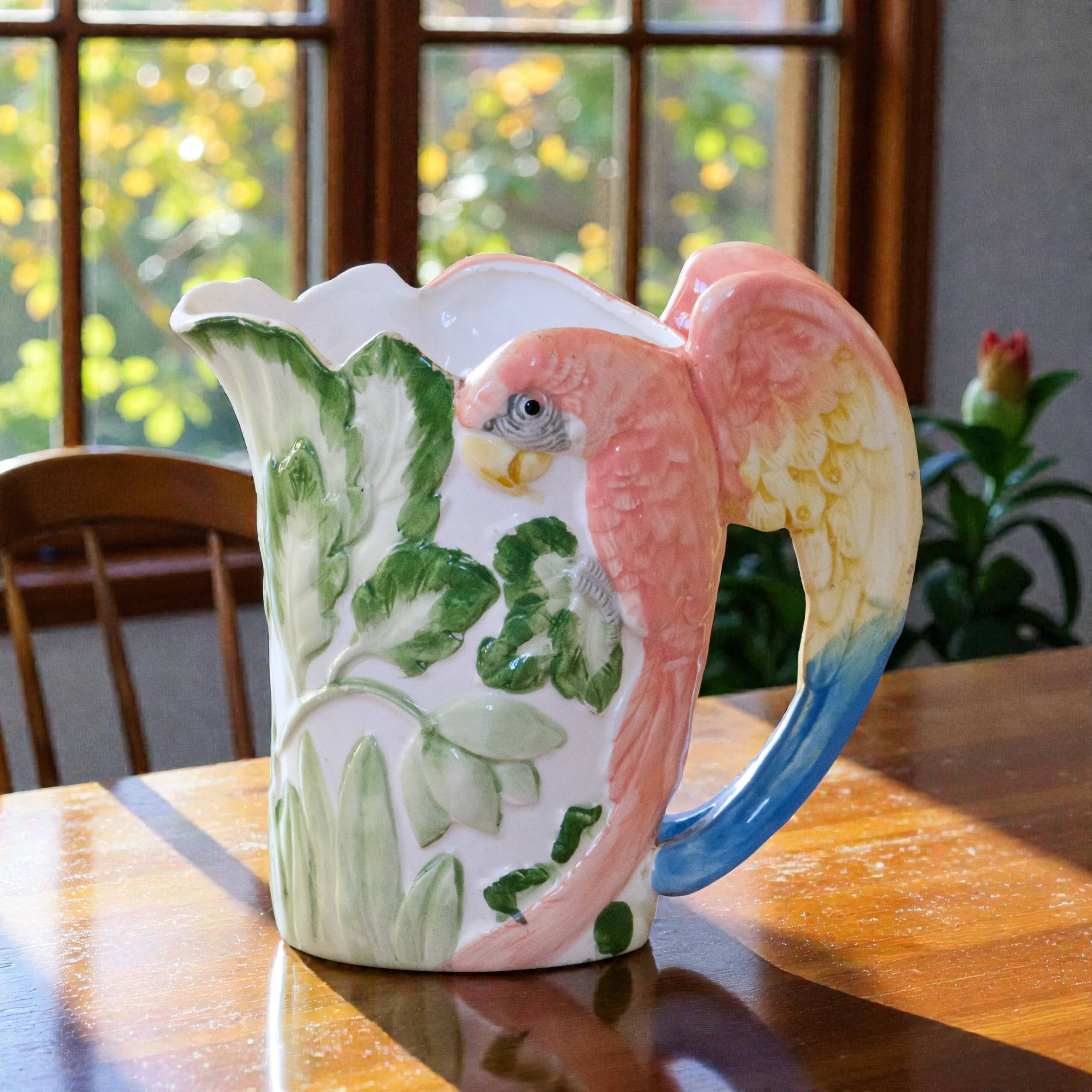 Vintage carafe in animal-shaped barbotine, parrot Ara.