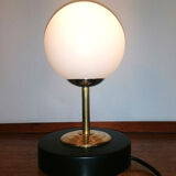 Table lamp wood, brass and frosted white glass globe, 1960