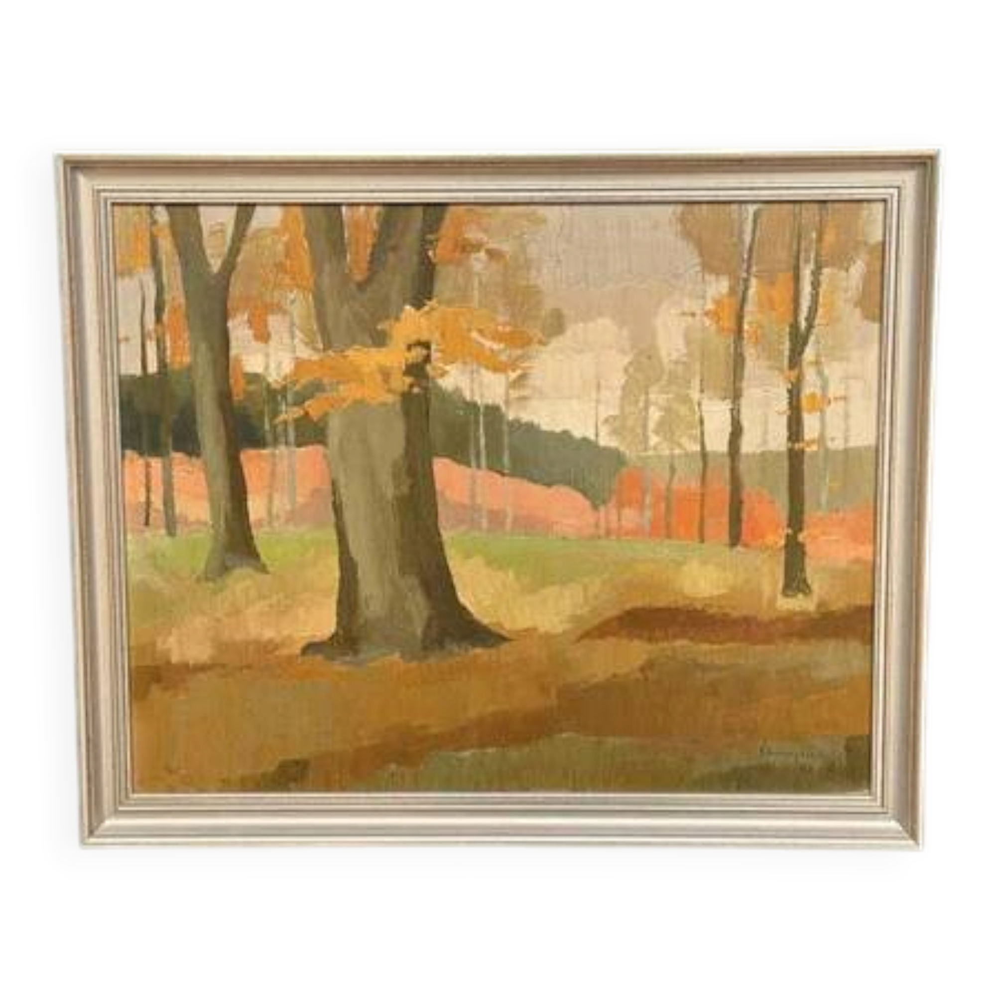 Huile su masonite suédoise du milieu du siècle – « Motif forestier » par Lönnqvist