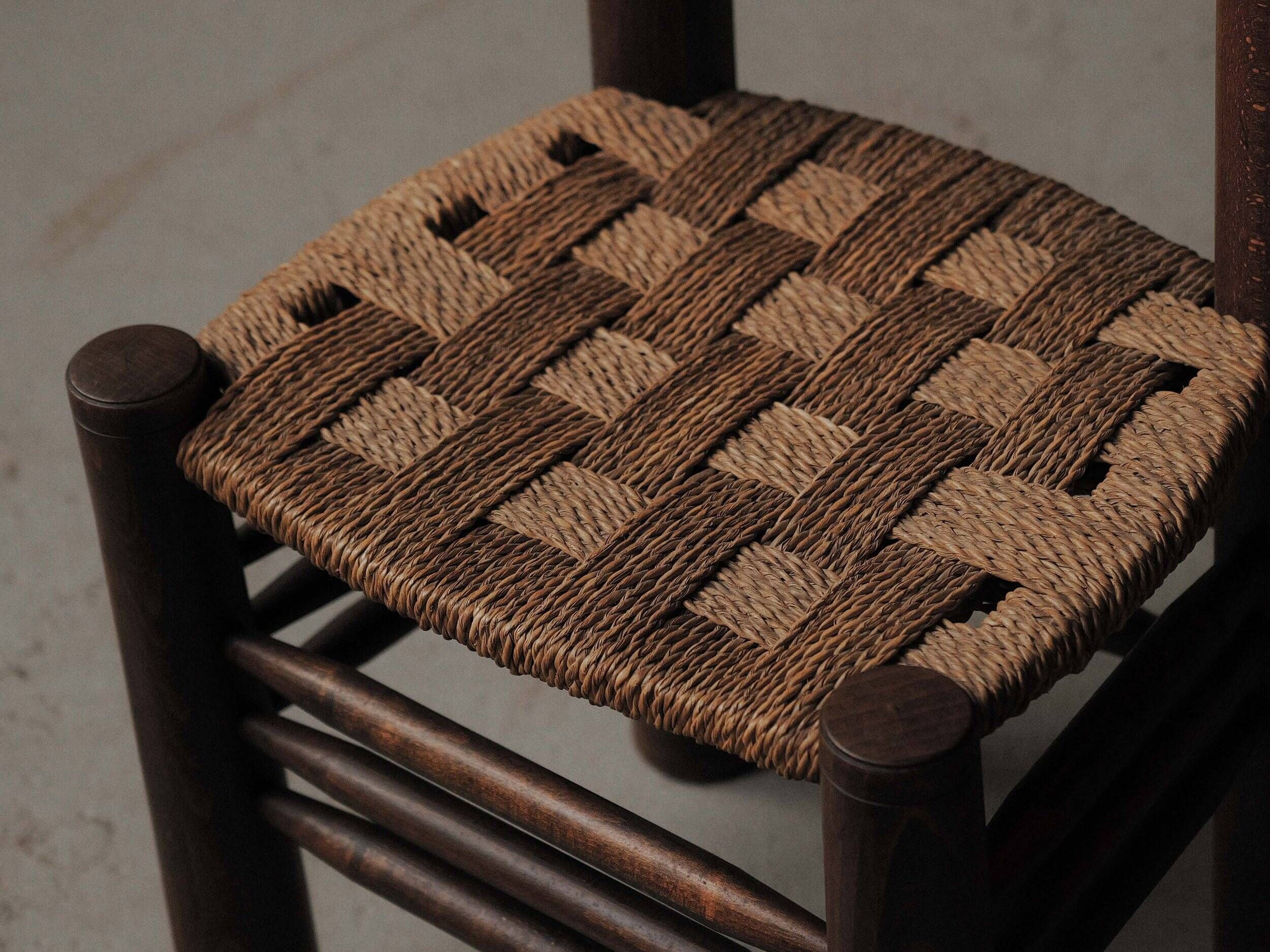 Set of 4 modernist chairs in beech and woven cord, France, circa 1940.