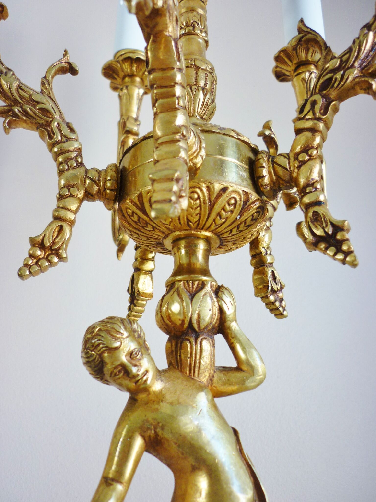 Candelabra, 6-pointed candlestick, marble, bronze, putti decoration, putto