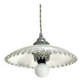 Art Deco opaline pendant light with metal lace balcony
