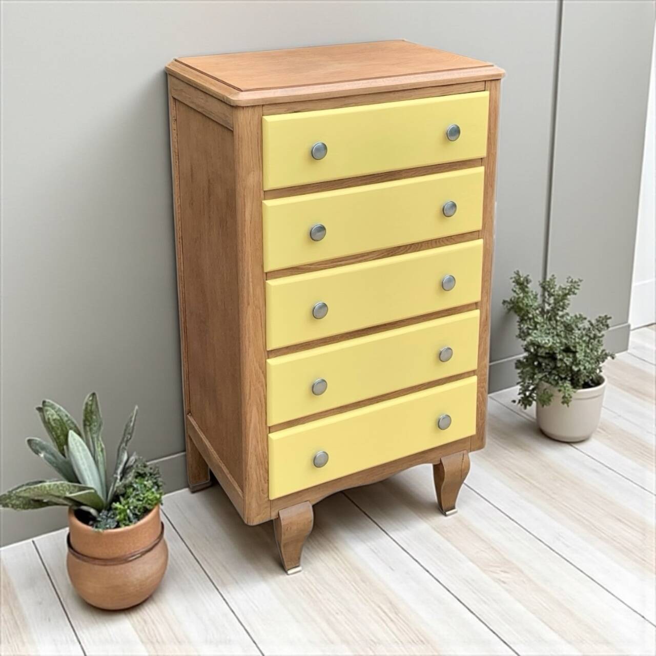 Art Deco chest of drawers in raw oak and yellow