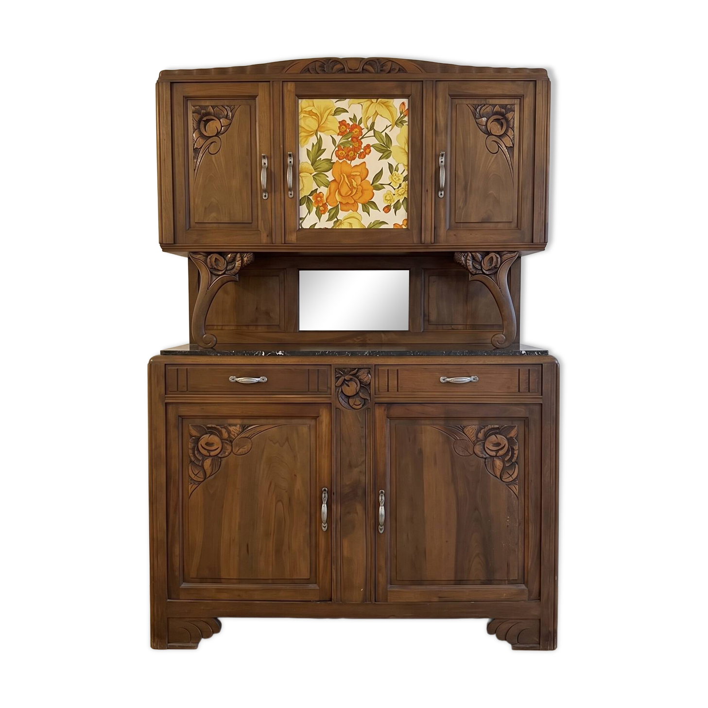 Antique Art Nouveau display cabinet in carved wood with marble top.