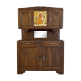 Vaisselier ancien Art Nouveau en bois sculpté avec plateau marbre