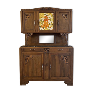 Vaisselier ancien Art Nouveau en bois sculpté avec plateau marbre