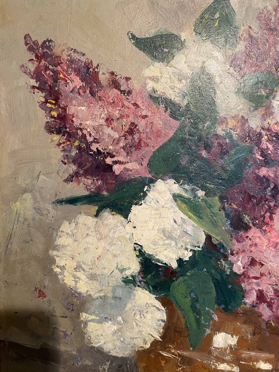 Antique painting, still life with lilacs and peonies signed Van der Berg circa 1950