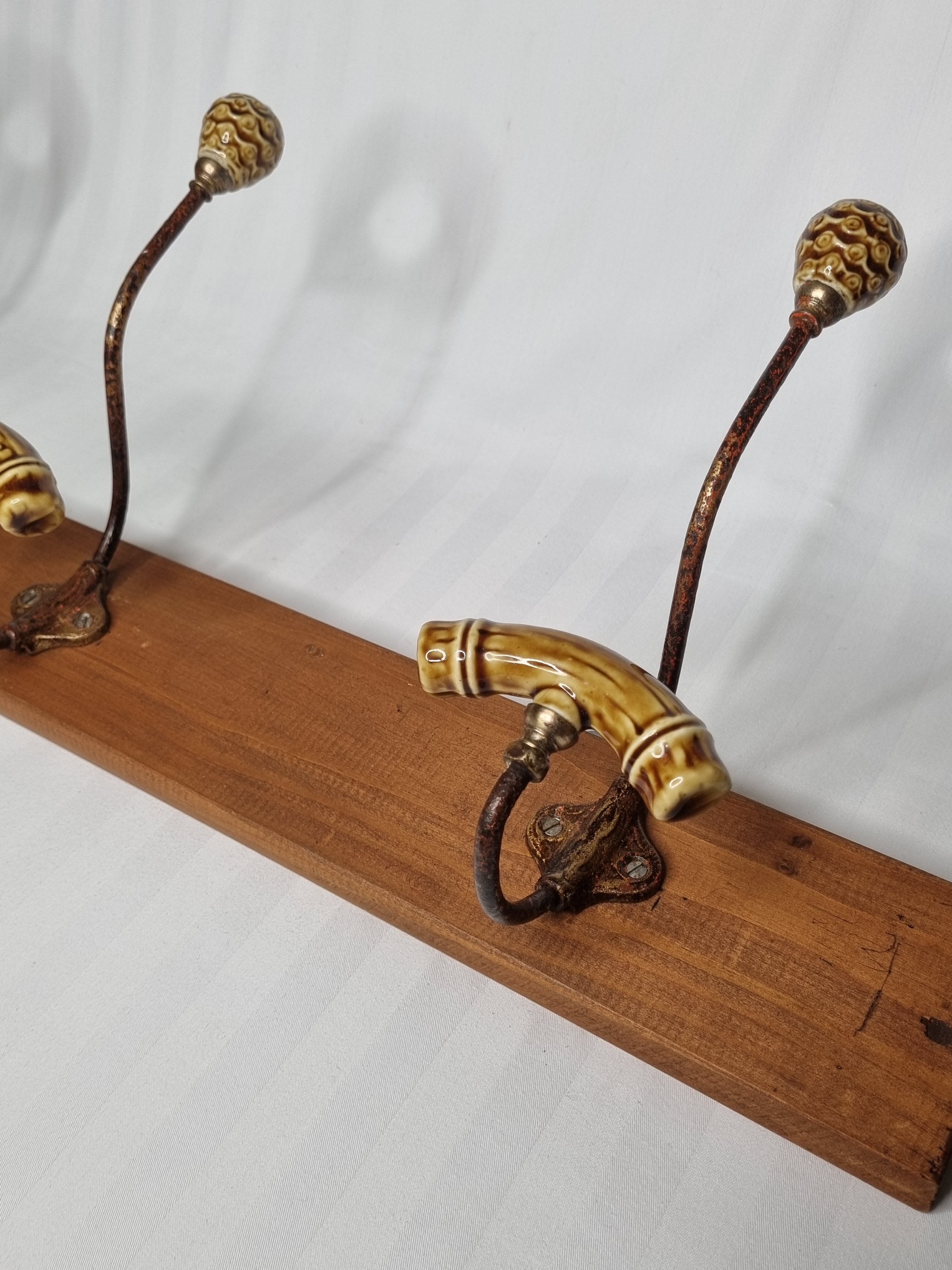 Wall coat rack, three metal and ceramic hooks in imitation of bamboo, 1900