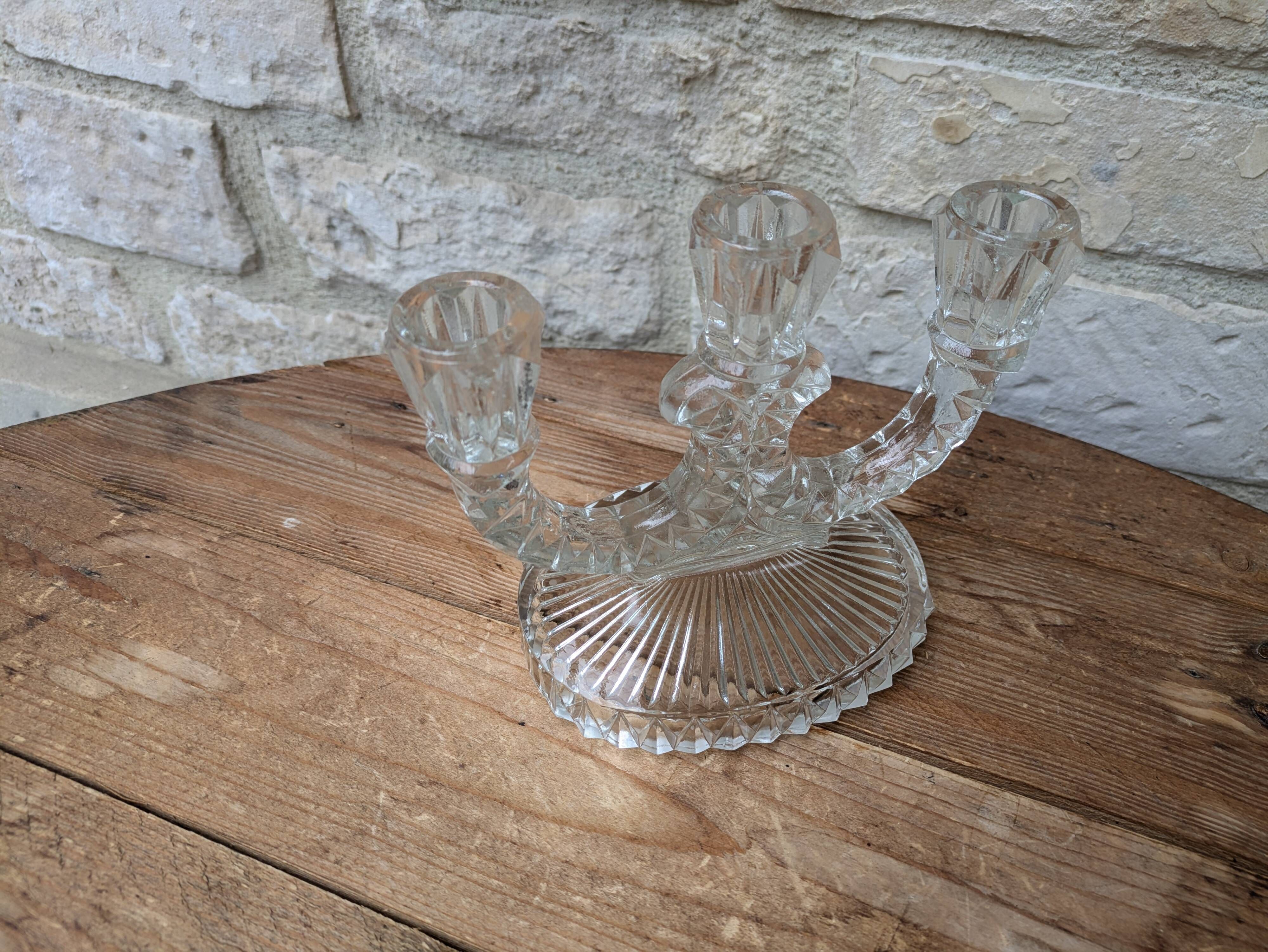 Antique molded glass candle holder for 3 taper candles