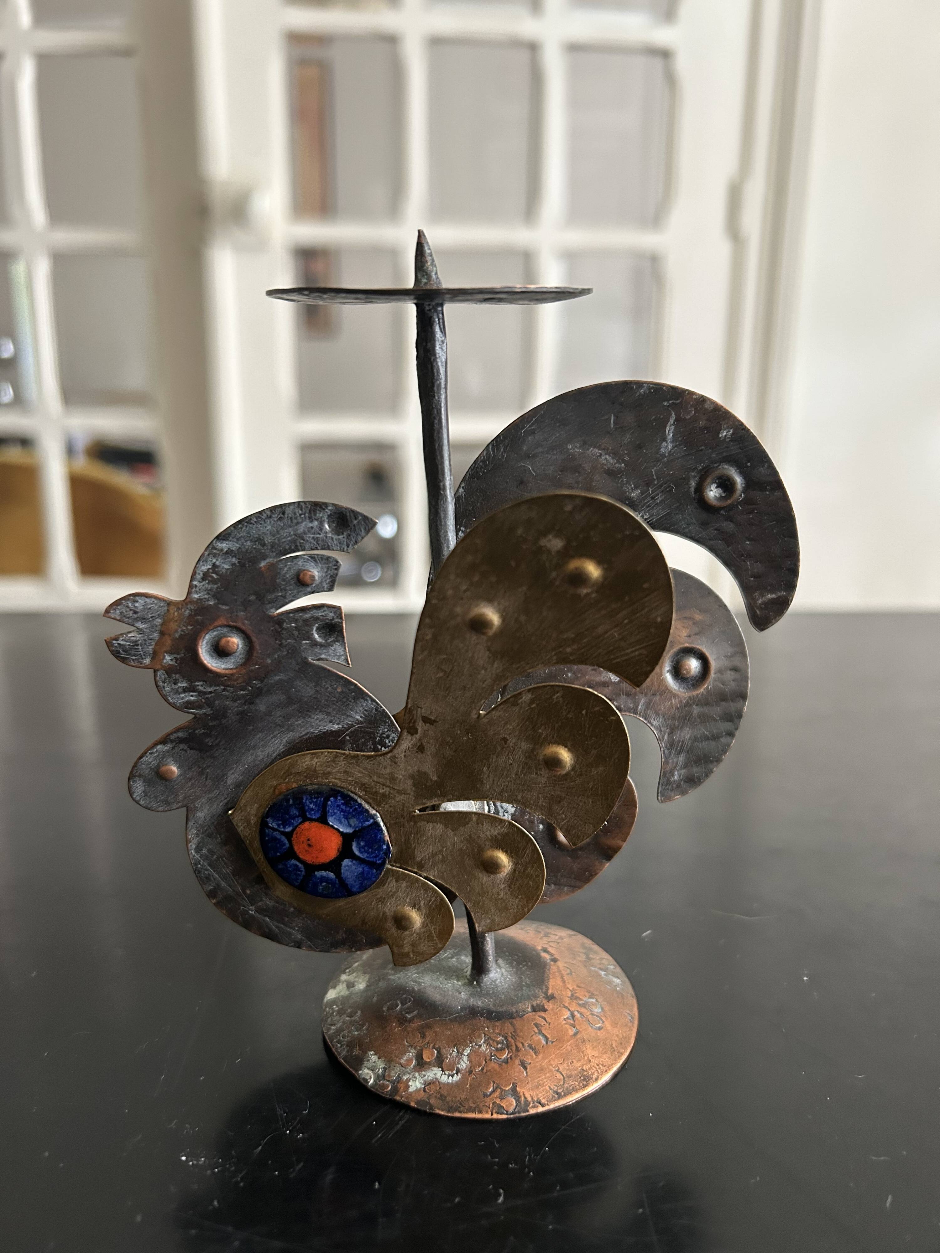 Copper rooster candle holder