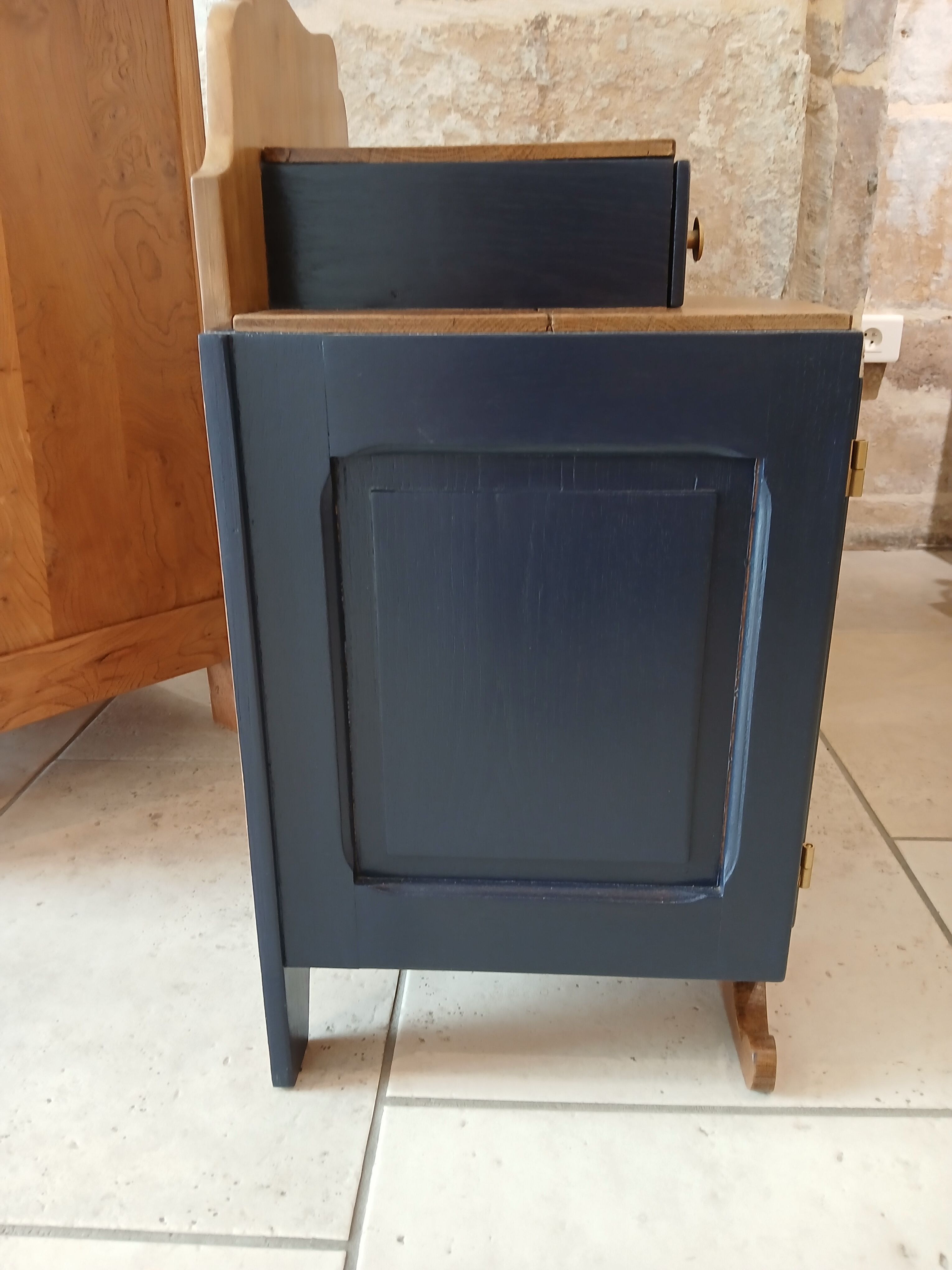 deep blue and wood refurbished bedside table