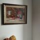 Still life with pink flowers and blue pots.