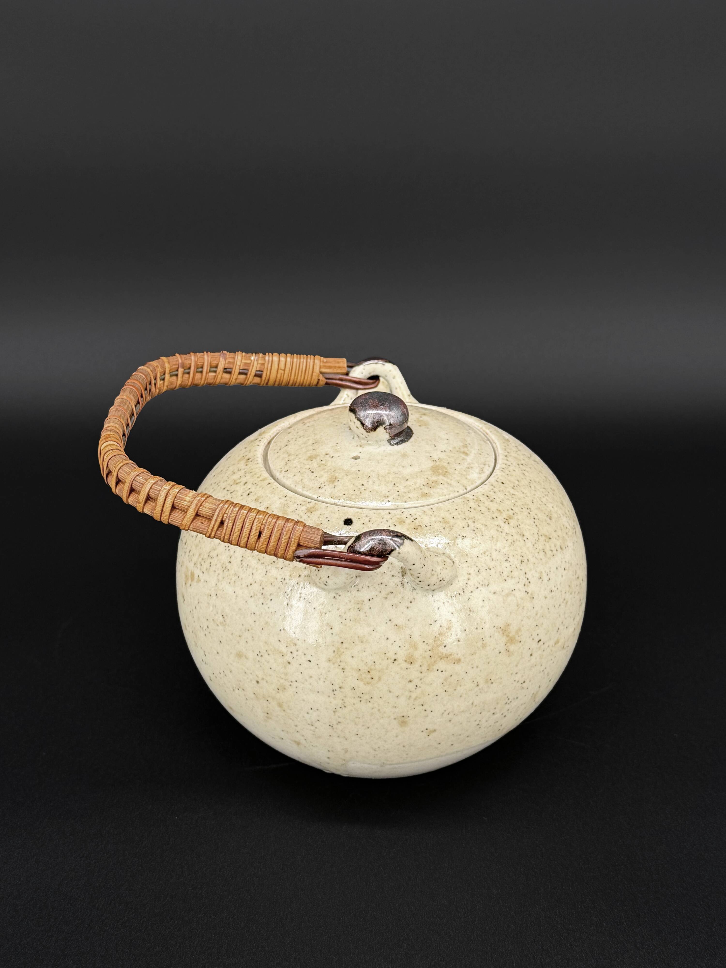 Vintage Japanese speckled stoneware teapot with bamboo handle