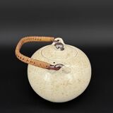 Vintage Japanese speckled stoneware teapot with bamboo handle