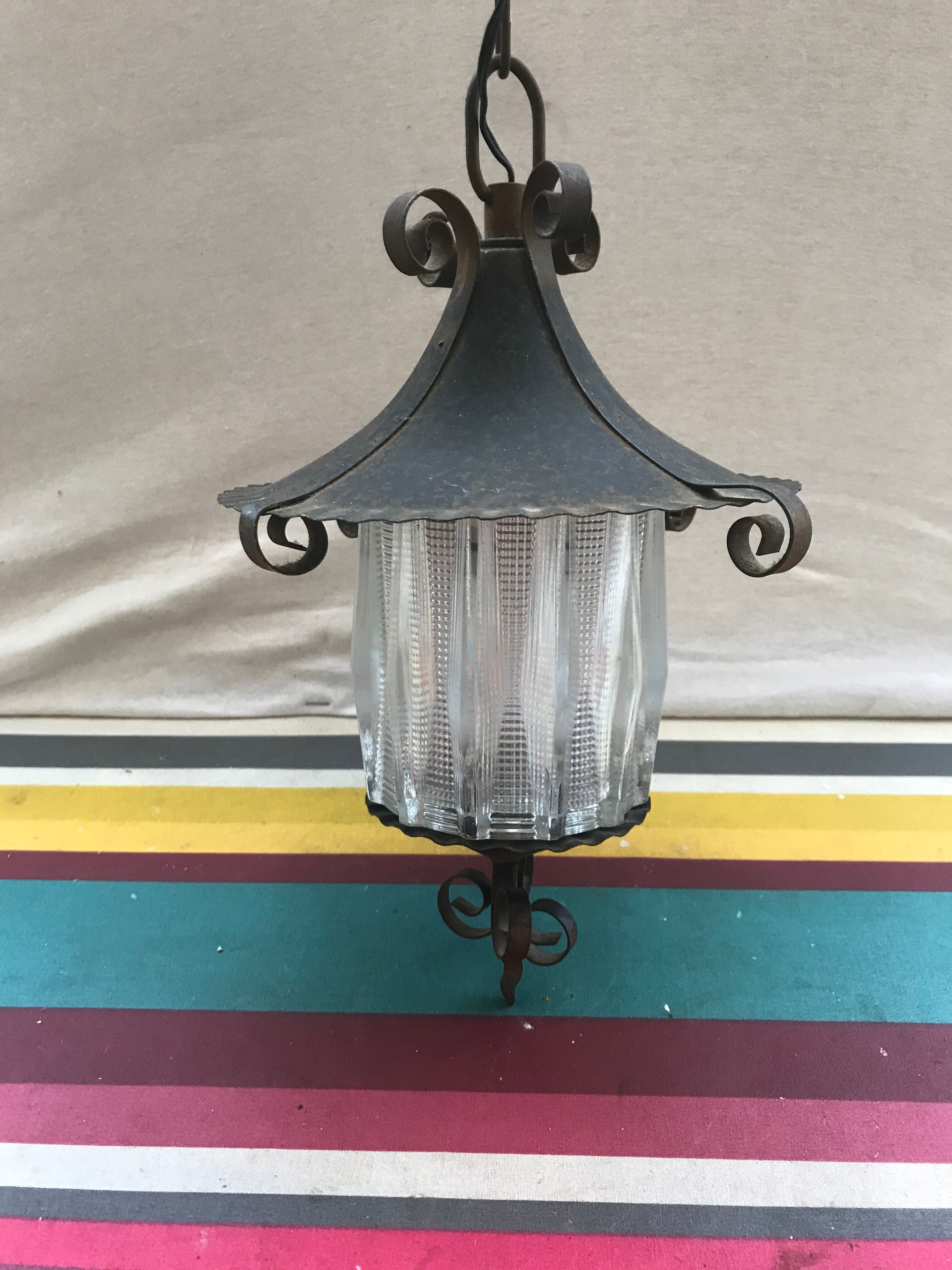 Old black forged iron suspension - vintage moulded glass reflector