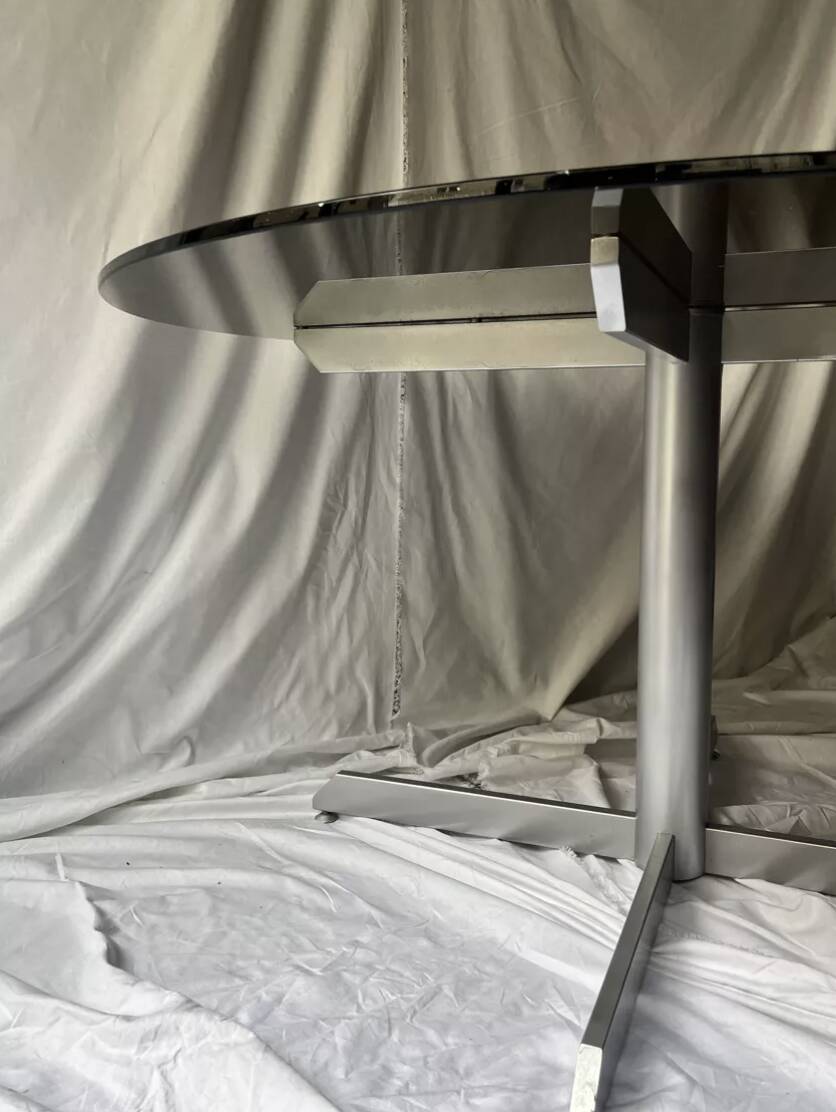 Round designer dining table in metal and smoked glass, Roche Bobois 1970