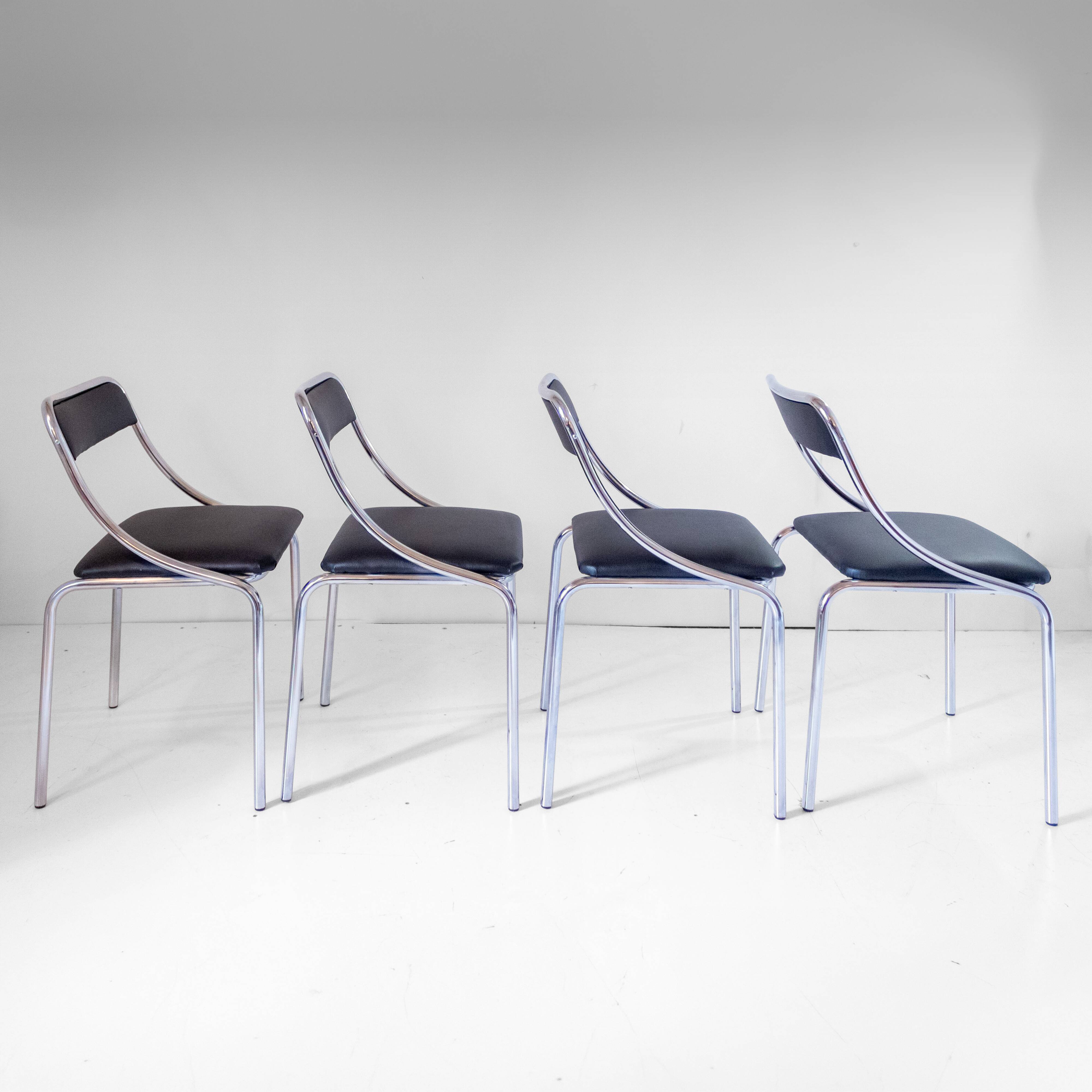 Set of Four Vintage Chromed Dining Chairs, Faux Leather, Italy, 1970