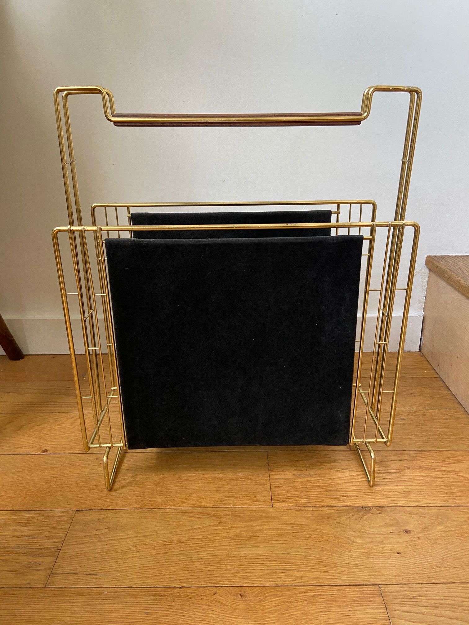 Gold metal, wood and black cotton magazine holder