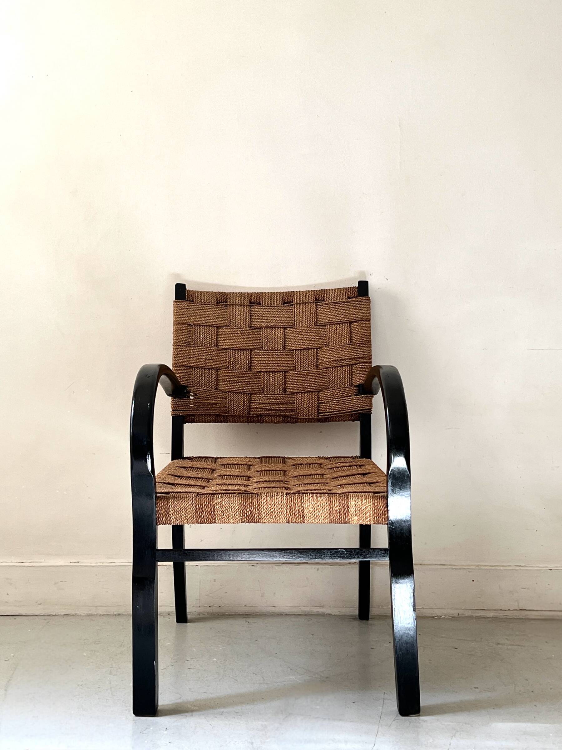 Scandinavian armchair in wood and woven cord by Axel Larsson, Sweden 1950.
