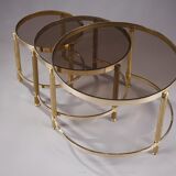 Set of three nesting coffee tables in bronze and smoked glass, 70s